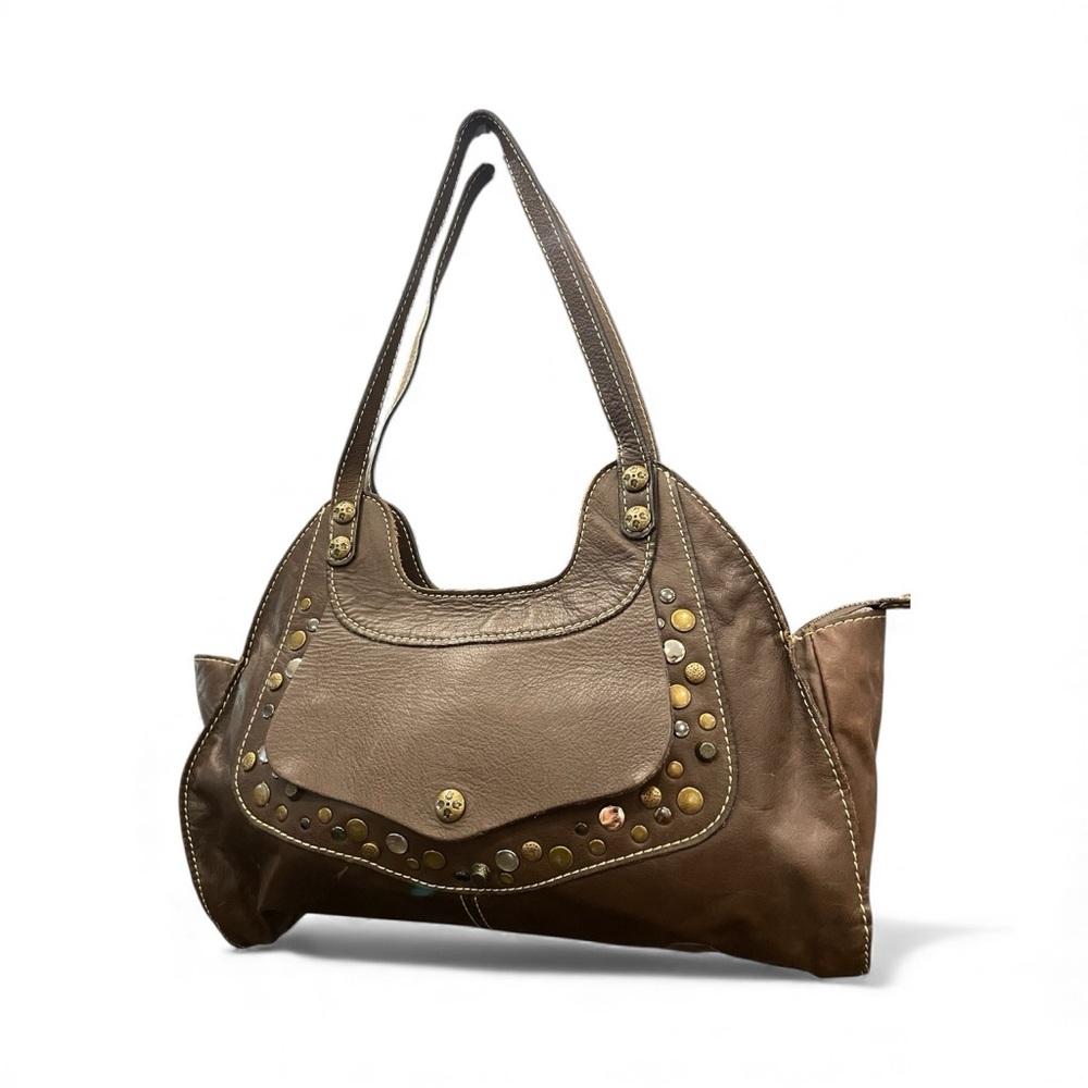 Patricia Nash Brown Leather Purse Hobo Boho Metal Studs Double Handle Casual